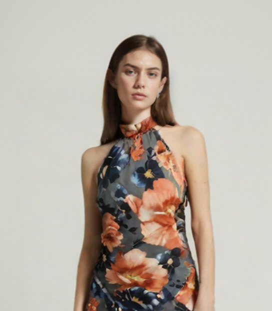 Blusa larga sin Mangas con Estampado Floral Vibrante