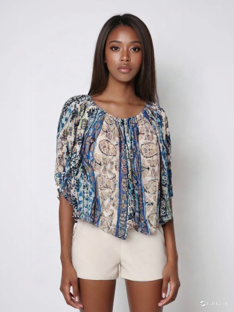 Blusa Bohemia de Estilo Étnico en Tonos Azules y Beige
