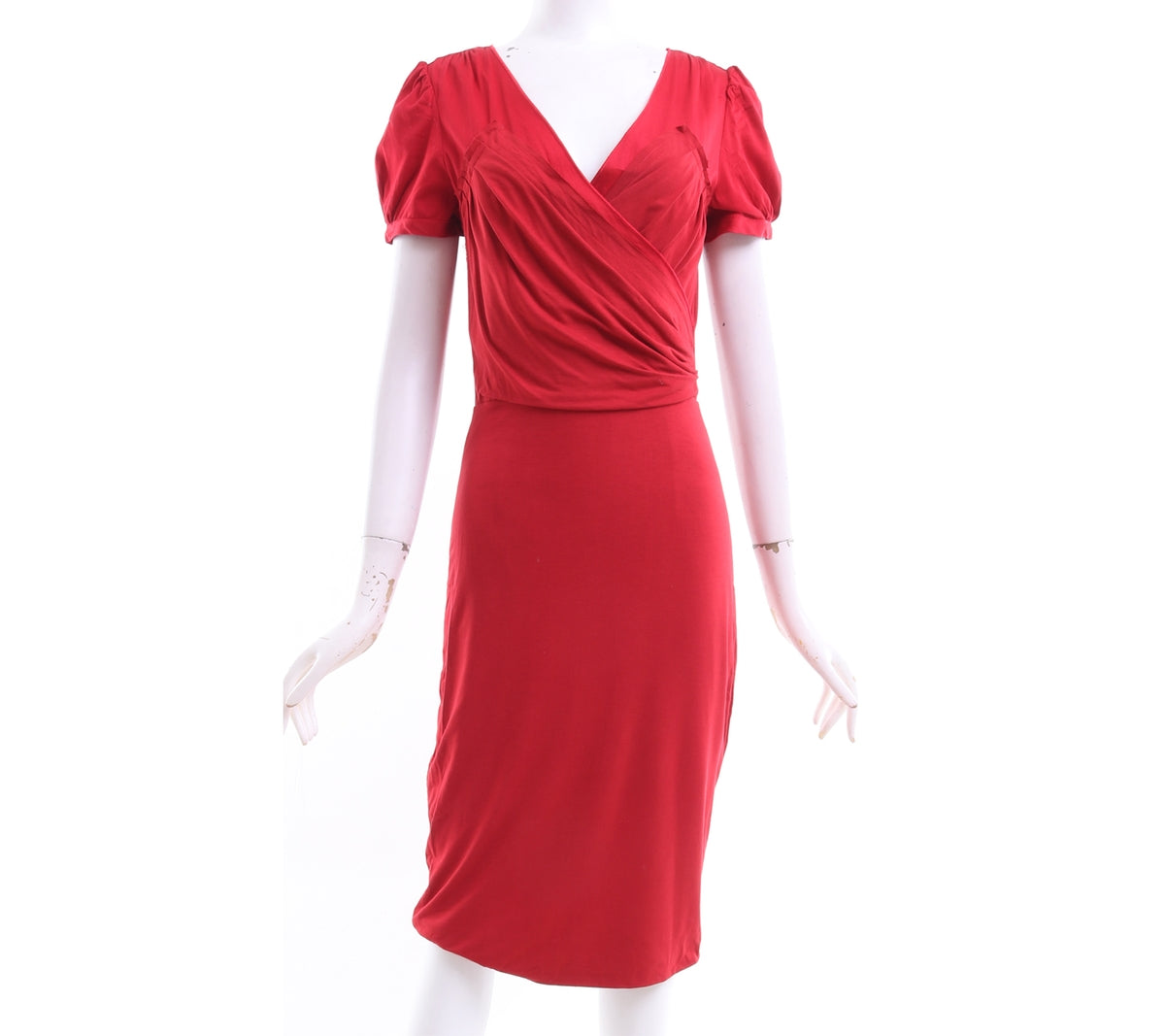 Vestido Rojo Elegante con Escote Cruzado y Mangas Cortas