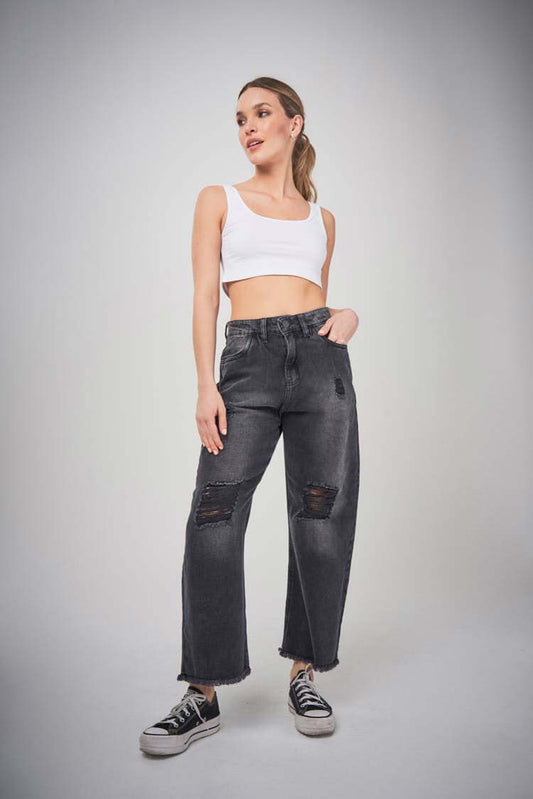 Wide Leg Jeans Desgastados en Negro Vintage