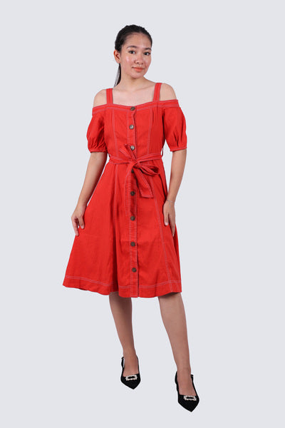 Vestido Rojo con Botones y Cinturón