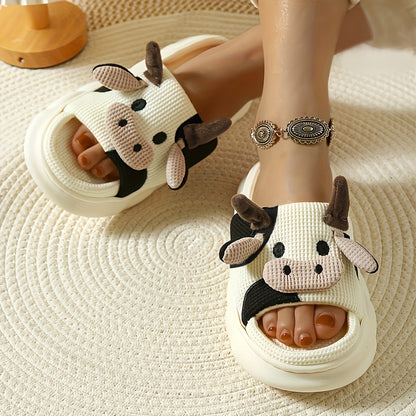 Pantuflas de vaca de dibujos animados - Cómodas zapatillas de casa de felpa para interiores con suela de TPR, suaves pantuflas antideslizantes de lino para el hogar con adorable diseño de animales
