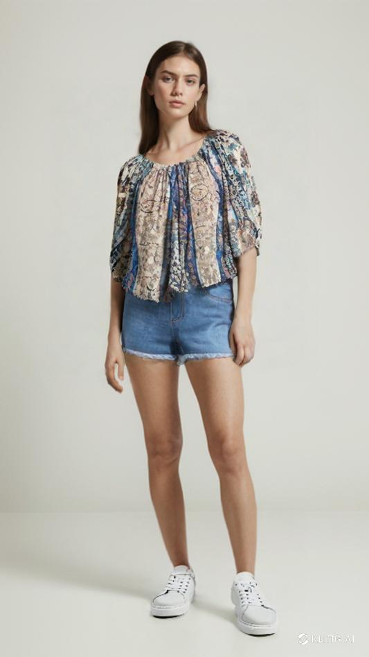 Blusa Bohemia de Estilo Étnico en Tonos Azules y Beige