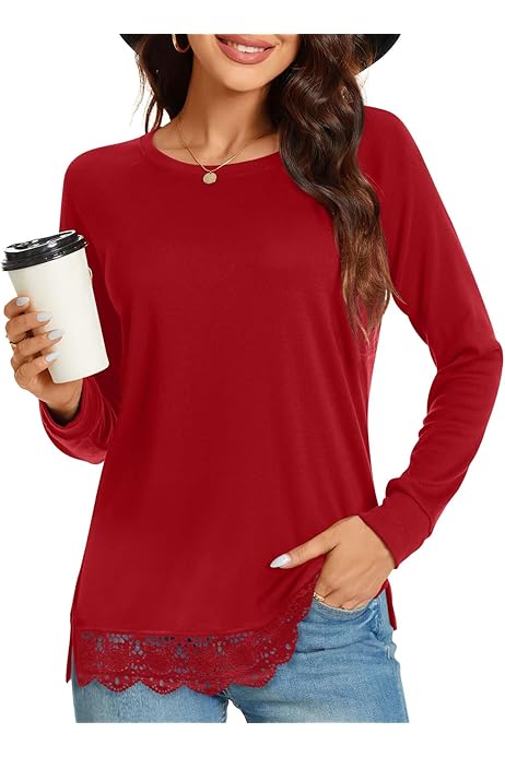 Blusa Roja de Manga Larga con Detalle de Encaje   