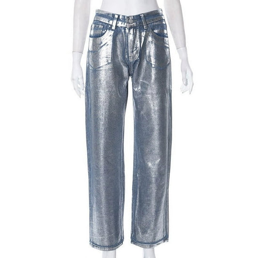 "Jeans Metálicos Plateados de Diseñador"