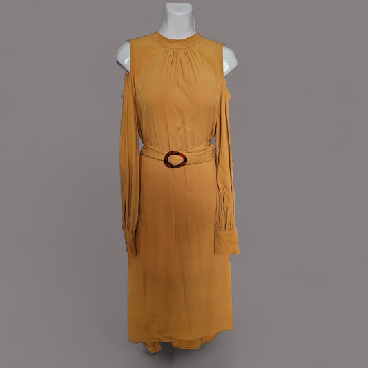 Vestido Mostaza de Manga Larga con Detalle de Cinturón