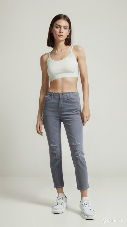 Jeans Slim Fit Gris con Roturas Vintage
