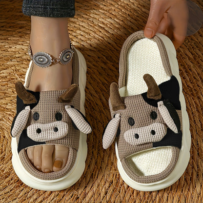 Pantuflas de vaca de dibujos animados - Cómodas zapatillas de casa de felpa para interiores con suela de TPR, suaves pantuflas antideslizantes de lino para el hogar con adorable diseño de animales