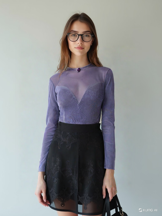 Blusa de Manga Larga Transparente con Detalles Brillantes