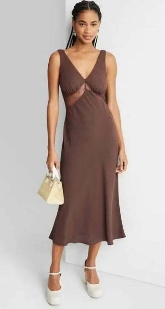 Vestido midi marrón con detalles transparentes y escote en V