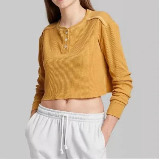Crop Top Henley Mostaza Acanalado